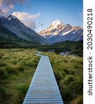 A boardwalk on the Hooker Valley Trail, Aoraki Mt Cook National Park, Canterbury, South Island, New Zealand