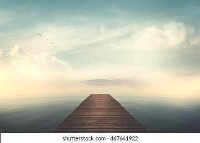 Boardwalk on the lake at sunset