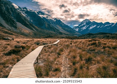 Boardwalk through grassy valley with snow-capped mountains under cloudy sky - Powered by Shutterstock