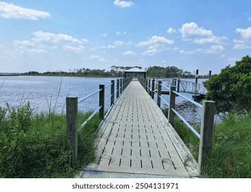 the boardwalk wooden bridge at a park near a river in Cedar point, NC - Powered by Shutterstock