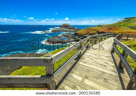 The boardwalks outside The Nobbies center overlook Seal Rocks. Grant Point, western tip of Phillip Island, Victoria, Australia.