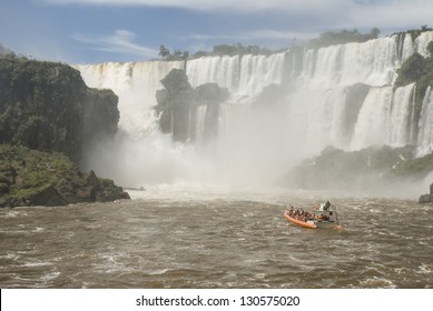A boat approaching to Iguassu falls (Iguazu/Iguacu), Misiones, Argentina.