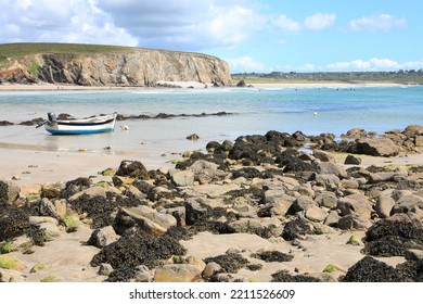 Boat Ashore In A Beautiful Bay In Crozon Peninsula, Finistère, Brittany, France