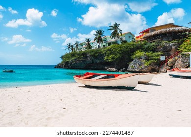 boat in the beach, Lagun Beach,  in the caribbean island of curacao, landscape with  Copyspace