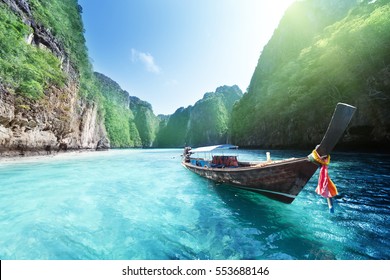 Boat And Beautiful Sea, Phi Phi Island, Thailand