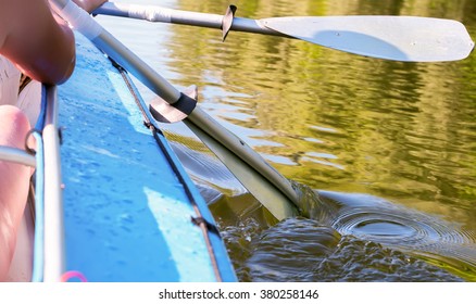 A Boat, A Canoe, A Kayak Rows And Floats On The Water. Hiking, Hiking And Recreation Professional Sports Rower. Travel And Vacation On The River With Physical Activity, Extreme.
