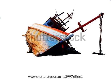 The boat capsized in the sea Separate fracture, white background