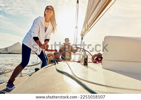 Boat, couple and sea travel, retirement holiday and wealth investment for hobby and steering wheel teamwork. Rich, fun and sailing of happy, mature people on ocean or lake water for outdoor adventure