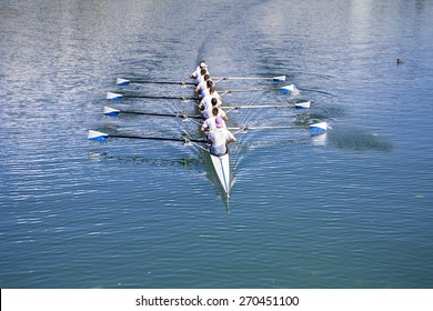 Boat Coxed Eight Rowers Rowing On The Blue Lake 