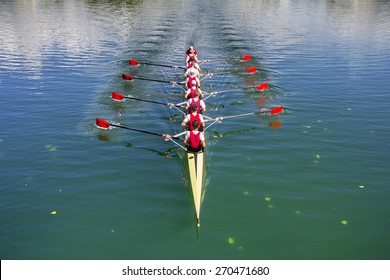 Boat Coxed Eight Rowers Rowing On The Blue Lake