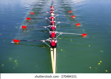 Boat Coxed Eight Rowers Rowing On The Blue Lake