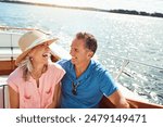 Boat, cruise and laughing with mature couple at sea together for holiday, getaway or vacation for anniversary. Smile, travel or yacht with funny man and woman on water for bonding, romance or voyage