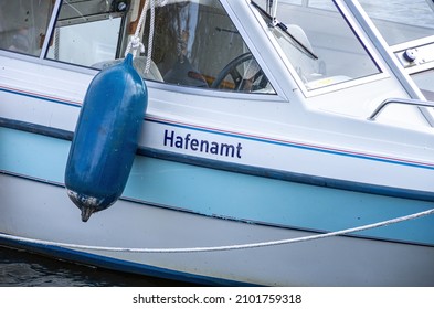 Boat detail with the inscription HAFENAMT (meaning Port Authority) in the city harbour of Greifswald-Wieck, Hanseatic City of Greifswald, Mecklenburg-Western Pomerania, Germany.