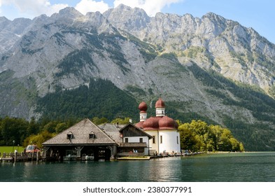 Boat dock St. Bartholomä at Lake Königssee off the Watzmann massif, Berchtesgaden National Park, Berchtesgadener Land, Upper Bavaria, Bavaria