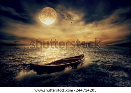 Boat drifting away in middle ocean after storm without course moonlight sky night skyline clouds background. Nature landscape screen saver. Life hope concept. Elements of this image furnished by NASA