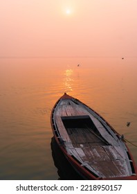 Boat In Ganges River At Sunset India Varanasi Ghat