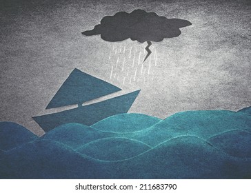 boat into the rainstorm. concepts to overcome obstacles and difficulties. retro paper style effect.