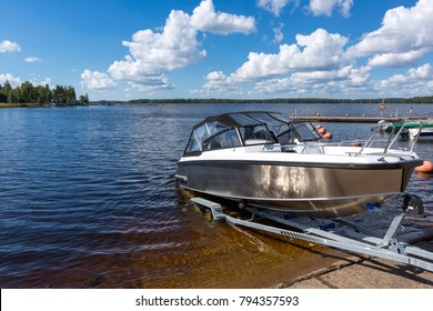 Boat launch on lake water