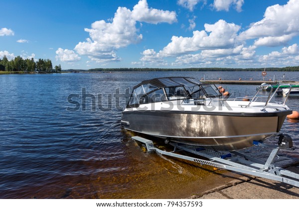 Boat launch on lake
water