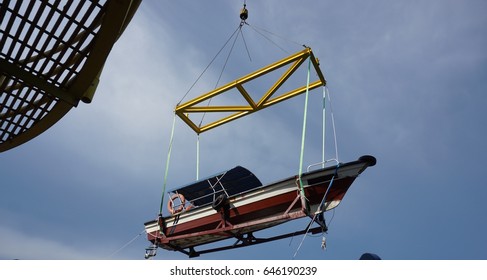 Boat Lifting Using Pedestal Crane On Offshore Marine Vessel.