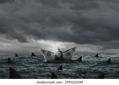 Boat made of a dollar bill surrounded by sharks