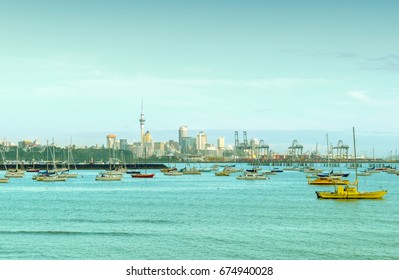 Boat Marina And View To Auckland City From Mission Bay - New Zealand