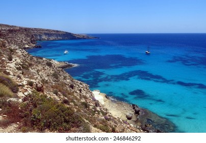 Boat Moored On The Island Of Lampedusa In Italy