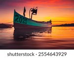 Boat to the new year 2025 concept. Beach shore sunset and fishing boat of the future