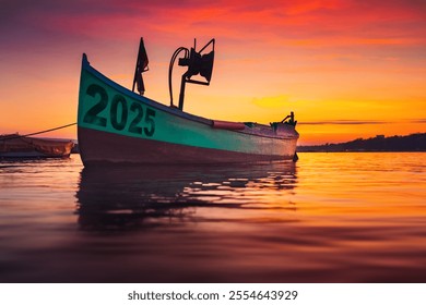 Boat to the new year 2025 concept. Beach shore sunset and fishing boat of the future - Powered by Shutterstock