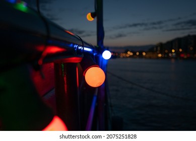 Boat At Night. Amsterdam Port. 