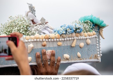 boat with offerings to iemanja, during a party at copacabana beach. - Shutterstock ID 2258337719