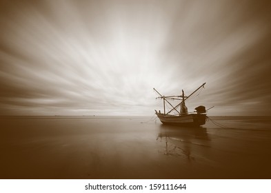 Boat On The Beach, Abstract, Moving Cloud, Sepia