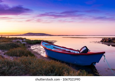 Boat On The Etang De Thau At Sunrise, Near Sète, In Herault, In Occitanie, France