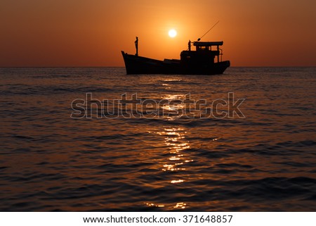 Boat on gulf of siam at sunset on Vietnam