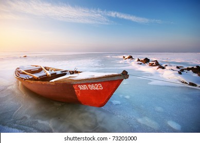 Boat On Ice. Winter Landscape Composition.