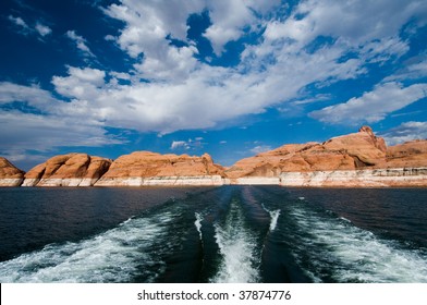 Boat On Lake Powell In Arizona And Utah