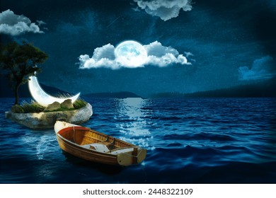 Boat on the ocean in the dusk of the night and the illuminated moon