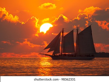 Boat On The Sea At Sunset In Key West, Florida.