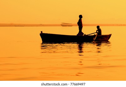 Boat On Sunset. Ganges. Varanasi. India.