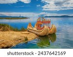 A boat parked on the island of Uros, Puno