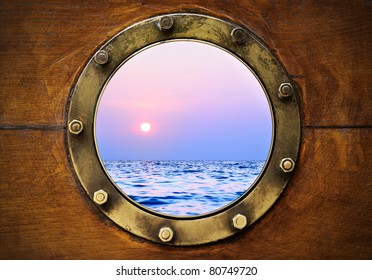 Boat Porthole With Ocean View Close Up