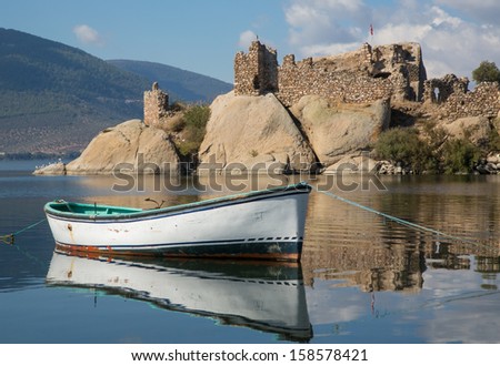Boat and Ruins on Lake Bafa, Turkey