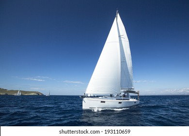 Boat In Sailing Regatta. Luxury Yachts.