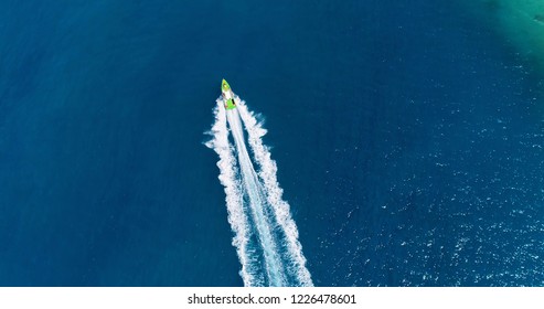 Boat At Sea Leaving A Wake, Aerial View