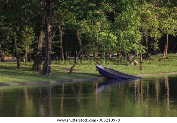 A Boat sinking in the\
lake at park.