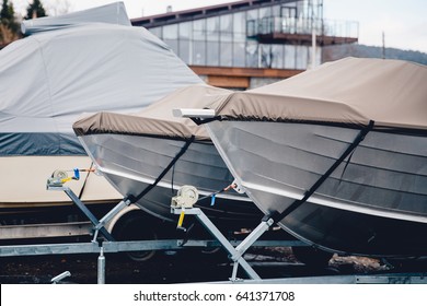 Boat Storage Facility. Power Boats Shrink Wrapped.