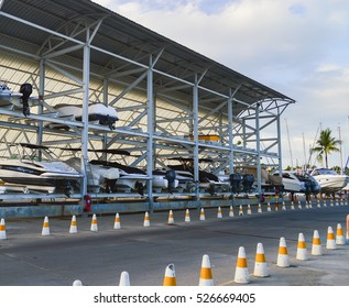 Boat Storage Facility. Storing Boats On Racks