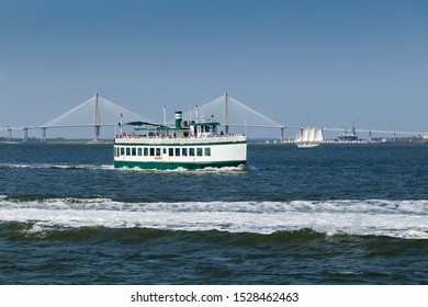 Boat Traffic In Charleston SC Harbor With Cooper River Bridge In Background