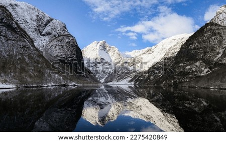 Boat trip in Nærøyfjord in Nutshell route in winter season at Norway 