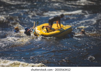 Boat Is Turned Upside Down During Rafting Extreme Water Sports With Man Drowning, Concept Of Fail And Solving Problems, Team Work And Survival, Boat Accident During Kayaking And Canoeing On The River